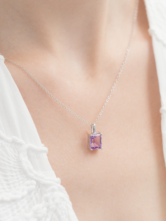 Lavender Amethyst Emerald Cut Pendant Necklace in Sterling Silver