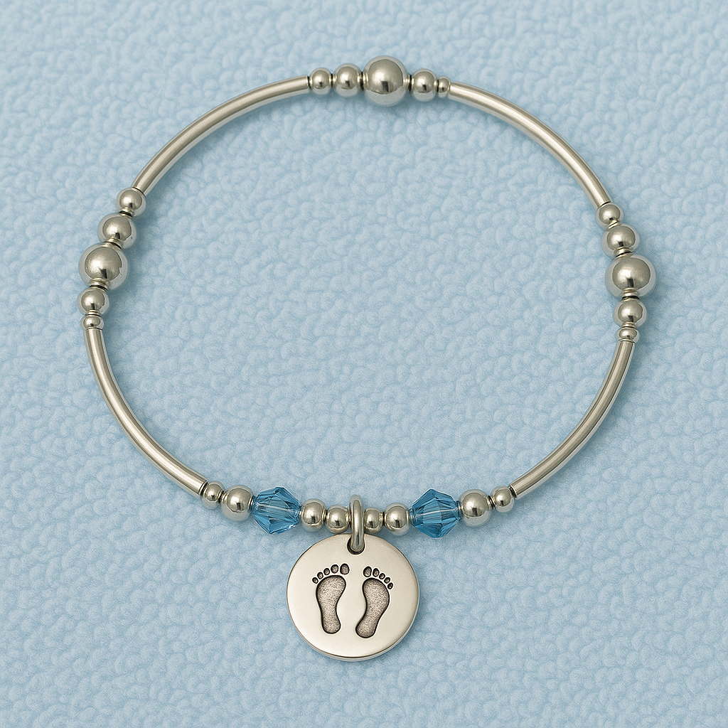 Baby Boy Footprint charm sterling silver handmade women's stacking stretch bracelet