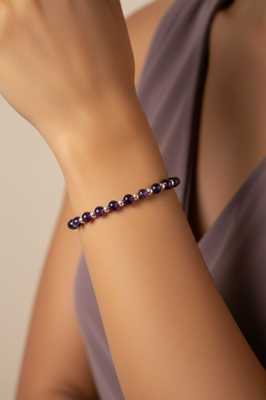 Woman Wearing An Amethyst Healing Crystal Sterling Silver Women's Stacking Bracelet by My Silver Wish