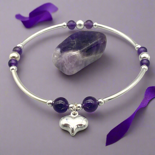 Heart Charm Amethyst Sterling Silver Women's Stacking Bracelet