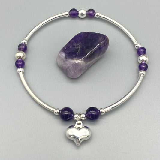 Heart Charm Amethyst Sterling Silver Women's Stacking Bracelet by My Silver Wish