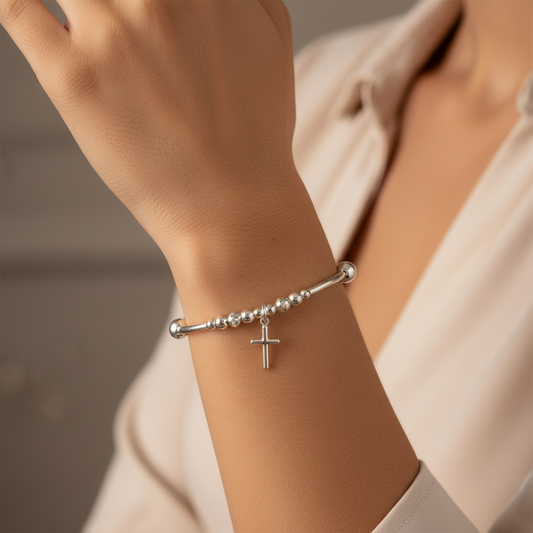 Model wearing a Cross Charm & Crystal Beads Sterling Silver Stacking Bracelet for her by My Silver Wish
