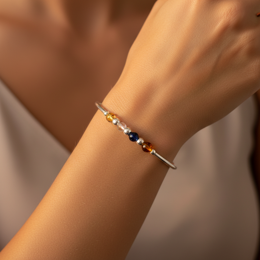 Woman wearing a Head calm women's silver healing crystal beads stacking charm bracelet by My Silver Wish