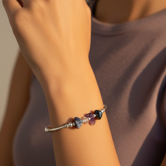Woman Wearing A Weight loss healing crystal and sterling silver stacking bracelet by My Silver Wish