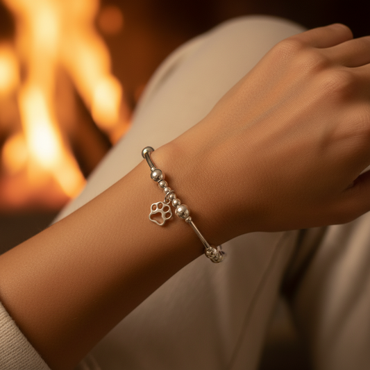 Model wearing a Cat Paw Charm Sterling Silver Stacking Bracelet for Her by My Silver Wish