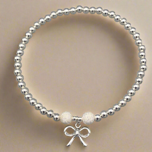 Ribbon bow charm sterling silver stacking bracelet for her by My Silver Wish