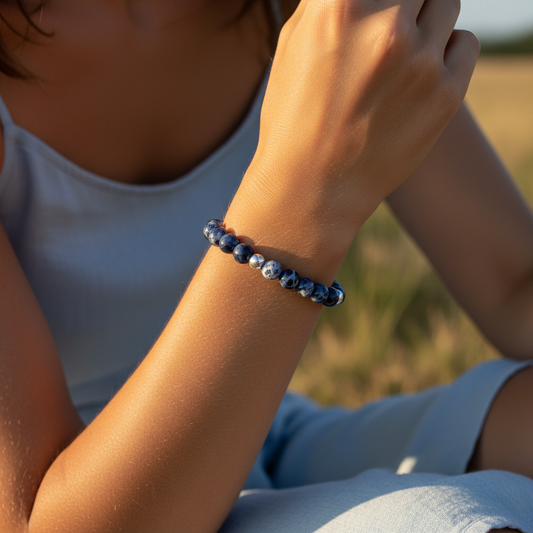 Woman wearing a Sodalite blue stone & silver beads women's stacking bracelet by My Silver Wish
