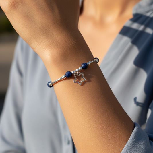 Model wearing a Star charm sodalite healing stone & sterling silver beads women's stacking bracelet by My Silver Wish
