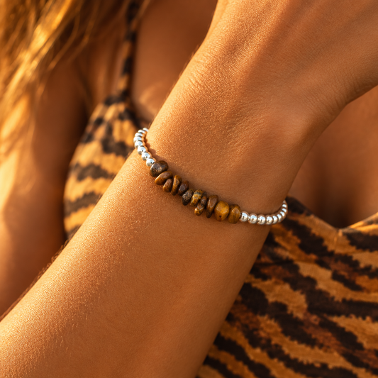 Model wearing a Tigers Eye Gemstone & Sterling Silver Beads Women's Stacking Bracelet by My Silver Wish