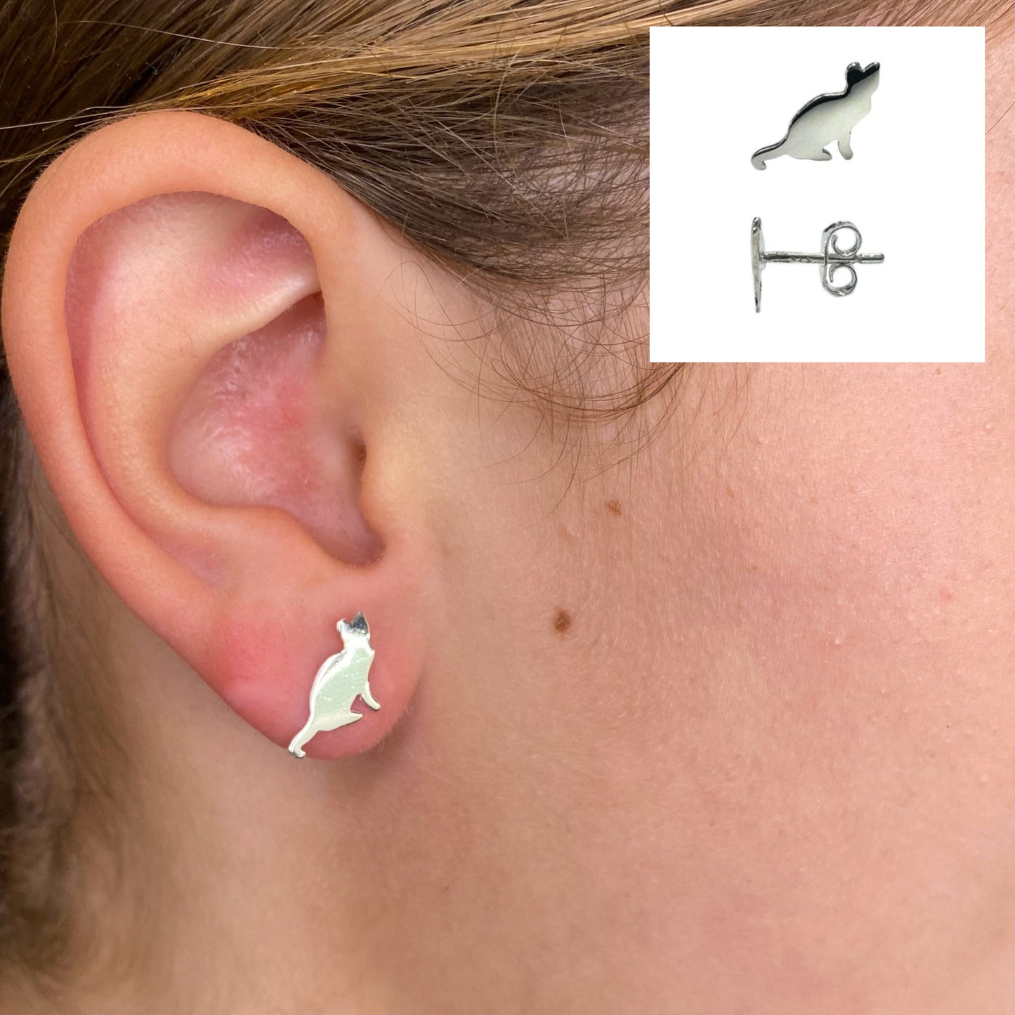 Closeup of Cat Sterling Silver Stud Earrings by My Silver Wish