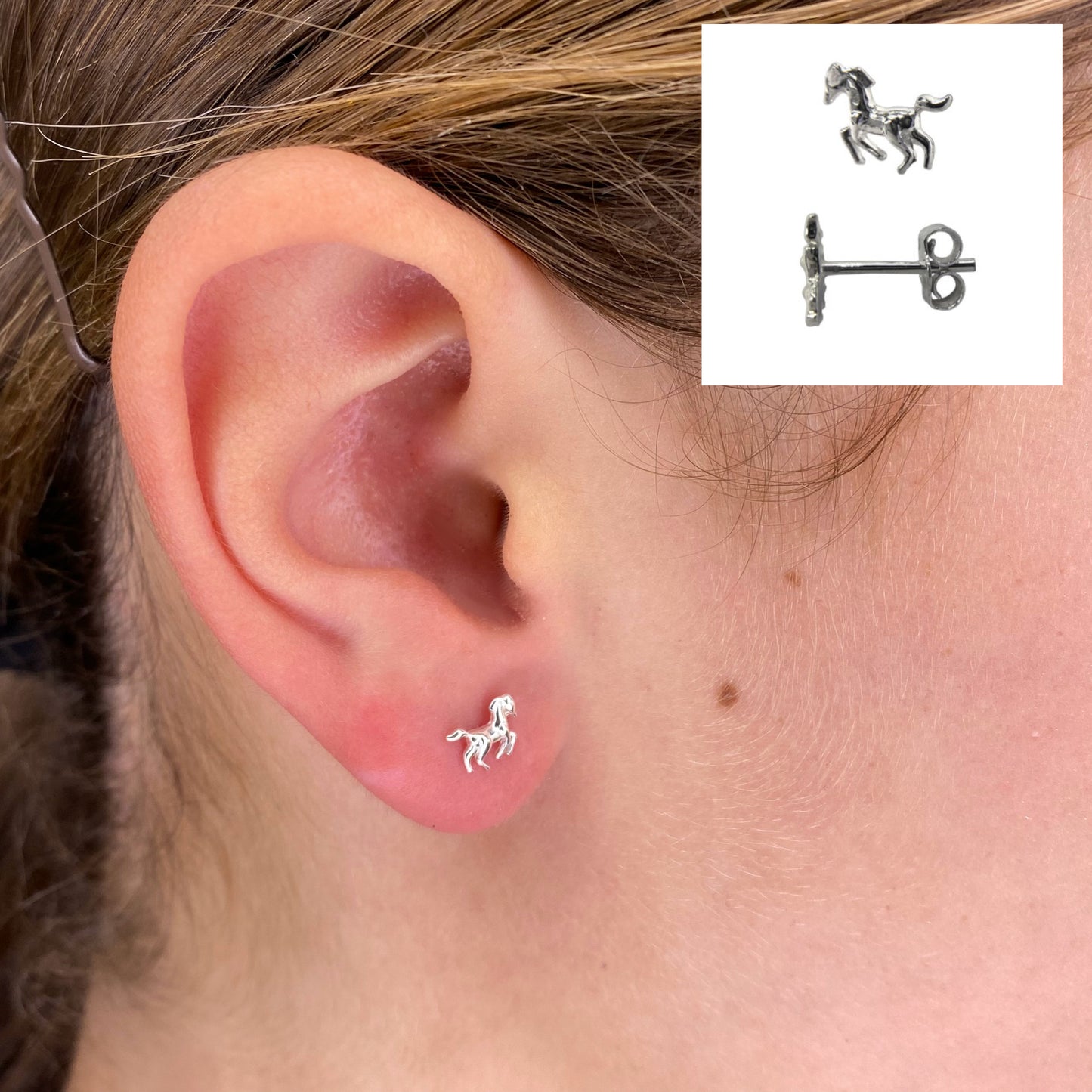 Closeup of Horse Sterling Silver Stud Earrings by My Silver Wish