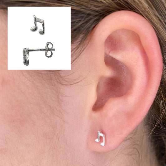 Closeup of Musical Note Sterling Silver Stud Earrings by My Silver Wish