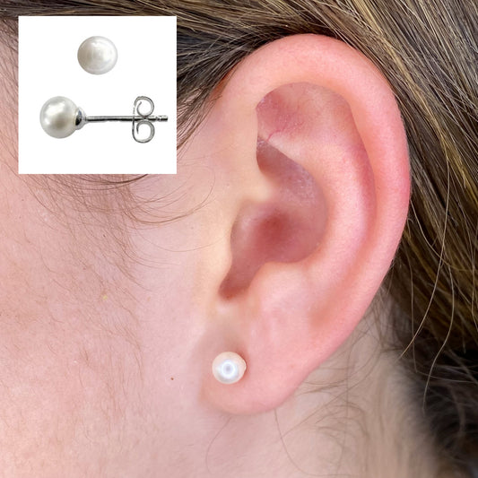 Closeup of Pearl Sterling Silver Stud Earrings by My Silver Wish