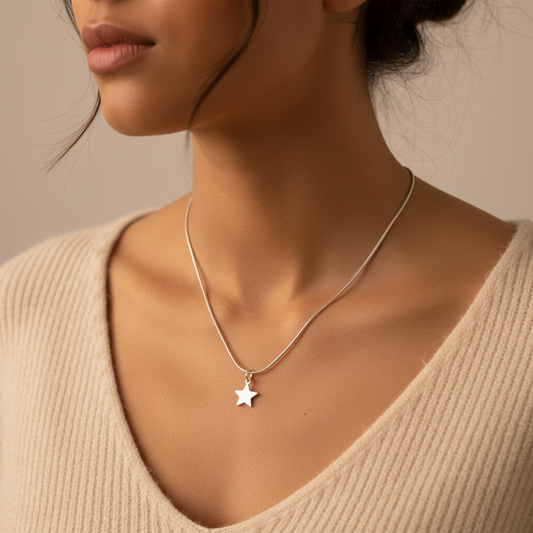 Model wearing a Sterling Silver Necklace with Star Pendant by My Silver Wish