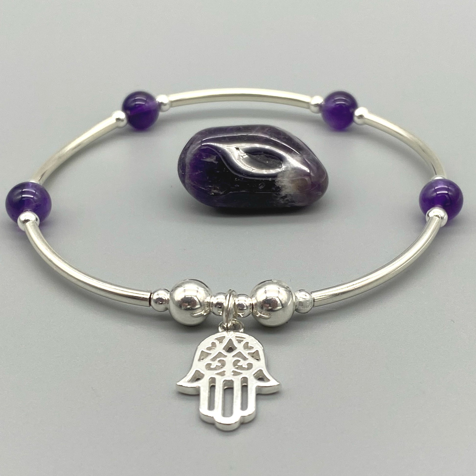 Hamsa Hand Charm Amethyst Healing Crystal Sterling Silver Women's Stacking Bracelet by My Silver Wish