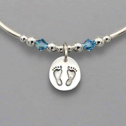 Baby boy footprint charm sterling silver hand-made women's stacking bracelet by My Silver Wish