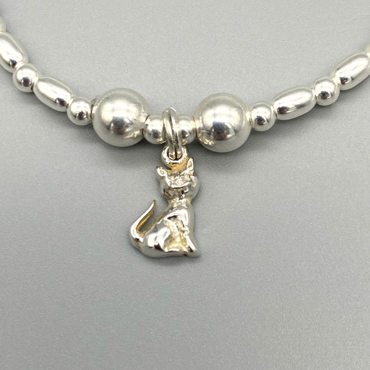 Closeup of Cat charm sterling silver stacking bracelet for her by My Silver Wish