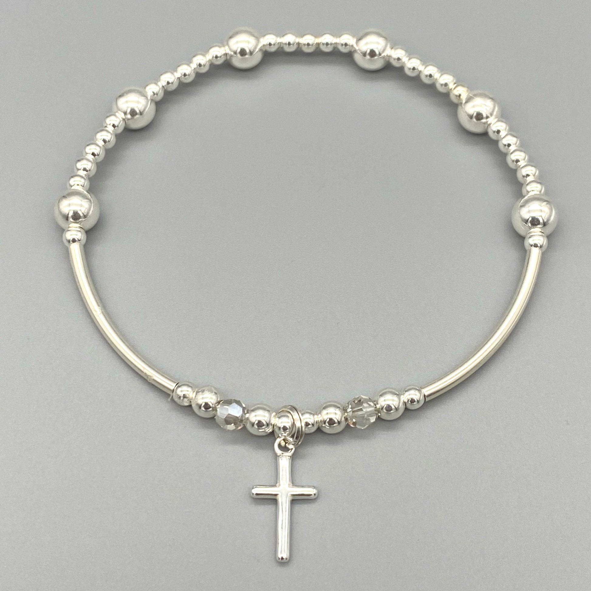 Cross Charm & Crystal Beads Sterling Silver Stacking Bracelet for her by My Silver Wish