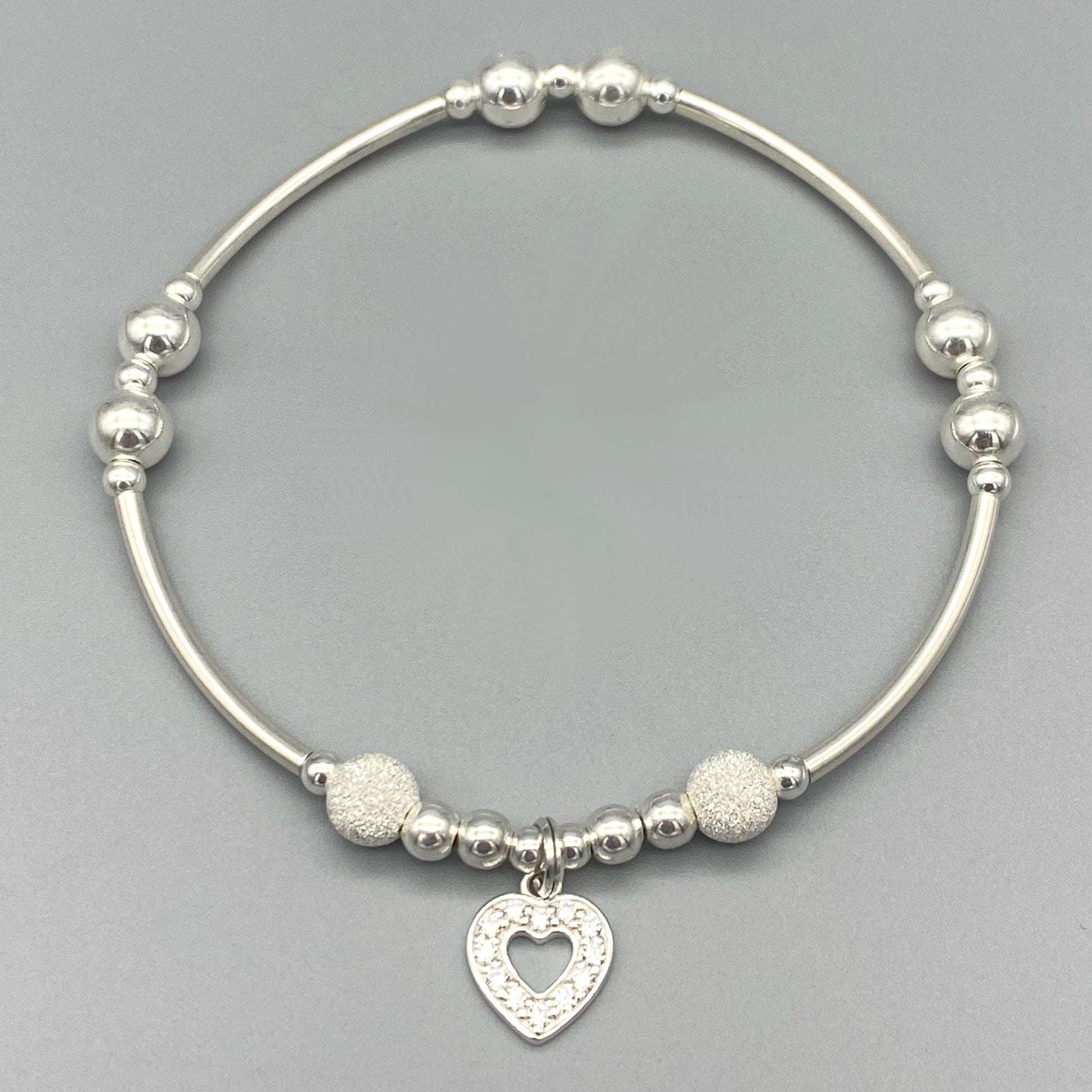 Diamond heart charm sterling silver stacking bracelet by My Silver Wish