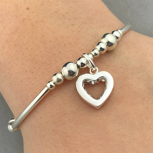 Crystal heart charm sterling silver hand-made girls stacking bracelet