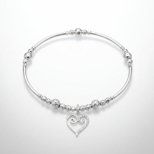 Scroll heart charm sterling silver hand-made women's stacking bracelet by My Silver Wish
