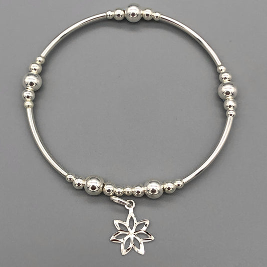 Lilly flower charm women's sterling silver stack bracelet