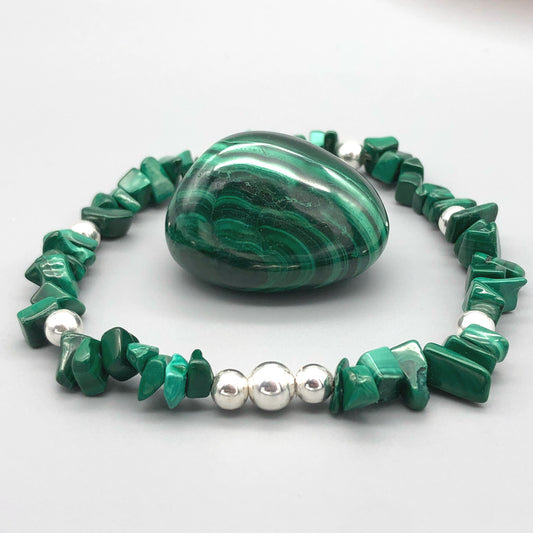 Malachite healing crystal & sterling silver women's stacking bracelet by My Silver Wish