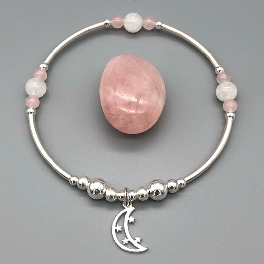 Moon & Stars Charm Women's Moonstone Rose Quartz Silver Stacking Bracelet by My Silver Wish
