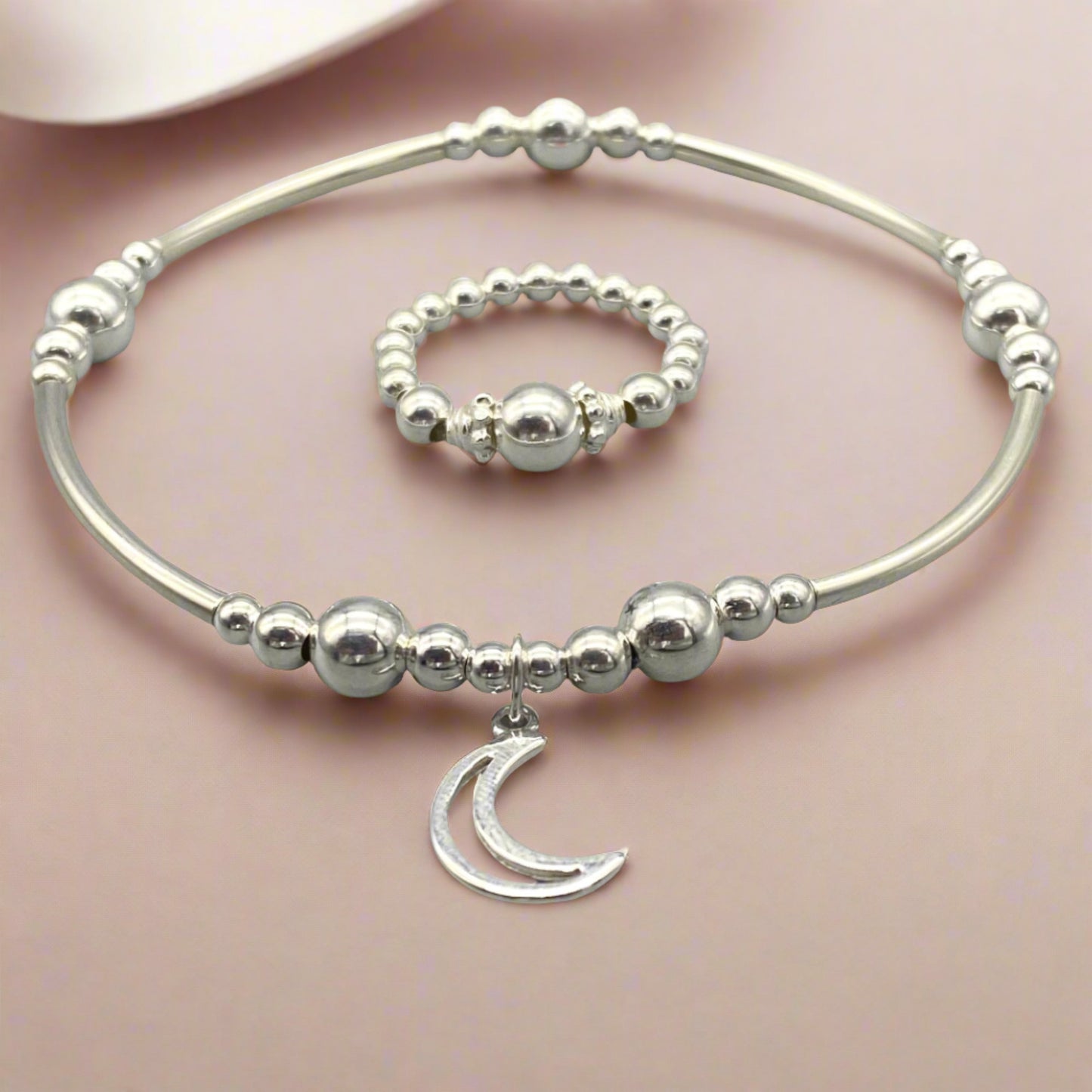 Moon charm sterling silver stacking bracelet & ring jewellery set for her by My Silver Wish