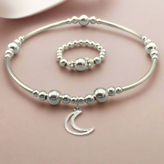 Moon charm sterling silver stacking bracelet & ring jewellery gift set for her by My Silver Wish