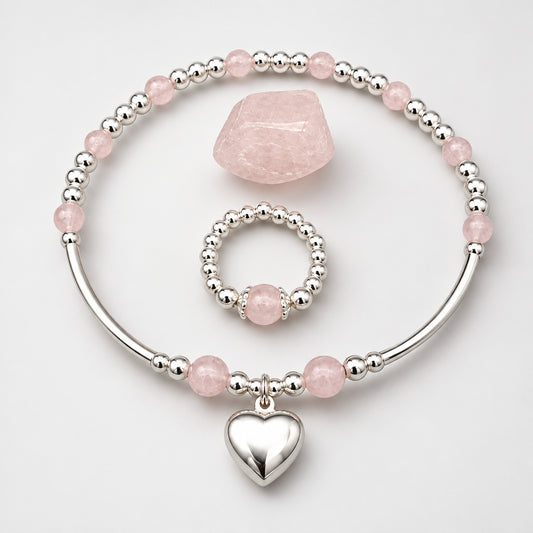 Heart charm sterling silver and rose quartz women's stacking bracelet & ring set by My Silver Wish
