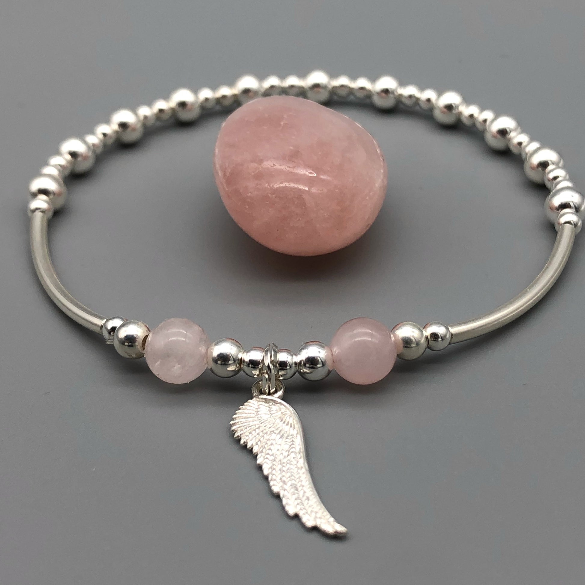 Angel wing charm & rose quartz sterling silver stacking bracelet by My Silver Wish