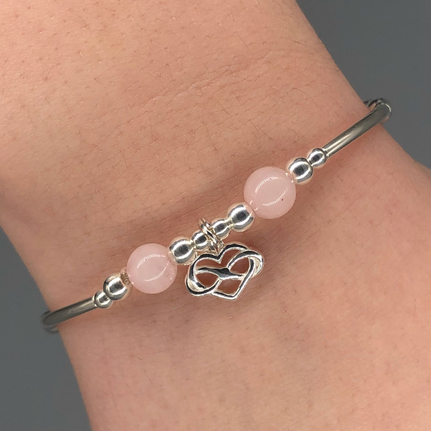Infinity heart rose quartz & sterling silver stacking charm bracelet by My Silver Wish