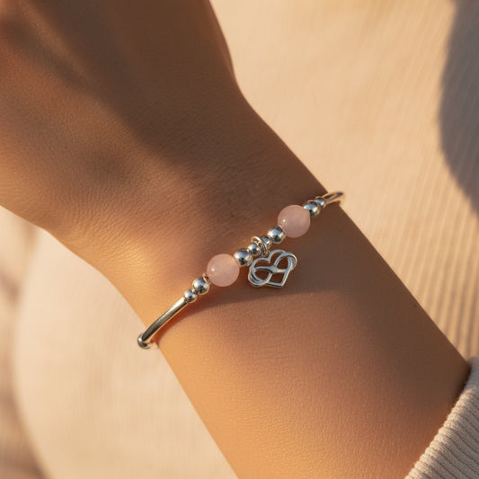 Infinity heart rose quartz & sterling silver stacking charm bracelet by My Silver Wish