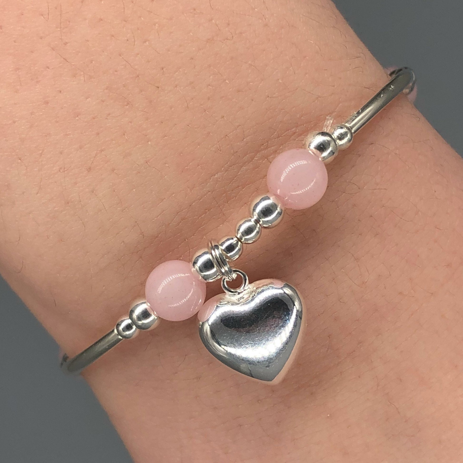 Puff heart rose quartz & sterling silver stacking charm bracelet by My Silver Wish