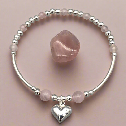 Puff heart charm sterling silver and Rose Quartz hand-made women's stacking bracelet by My Silver Wish