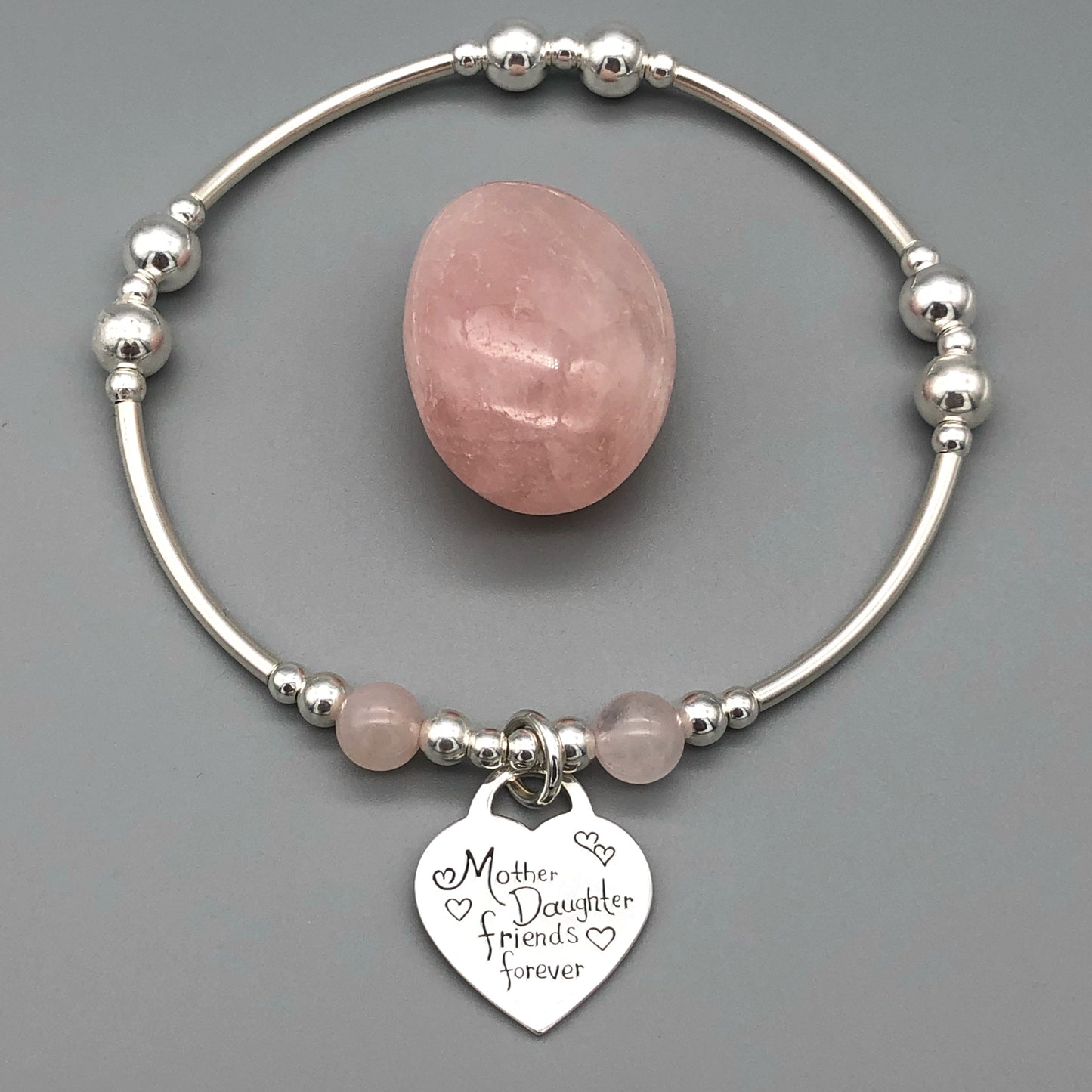 "Mother Daughter Friends Forever" heart charm rose quartz & sterling silver stacking bracelet by My Silver Wish