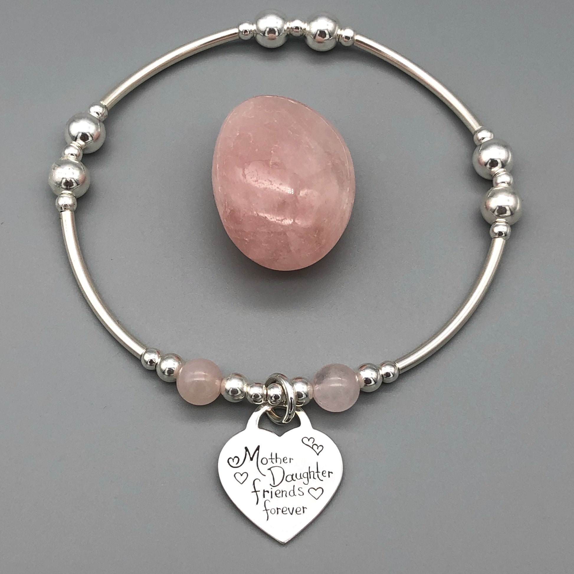 "Mother Daughter Friends Forever" heart charm rose quartz & sterling silver stacking bracelet by My Silver Wish