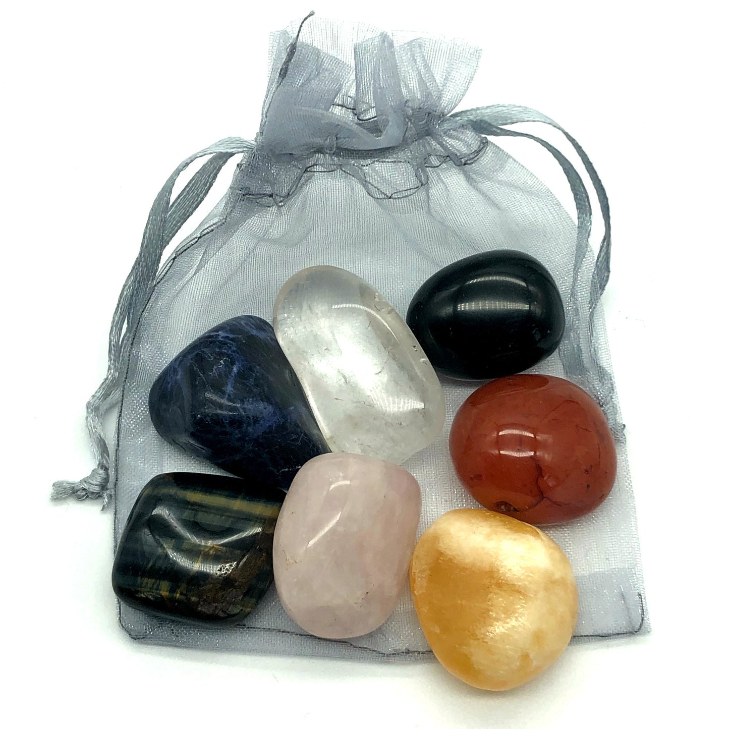 Chakra Gemstone Crystal Reiki Balancing Set: Black Obsidian, Sunstone, Calcite, Rose Quartz, Blue Tigers Eye, Sodalite, Clear Quartz by My Silver Wish