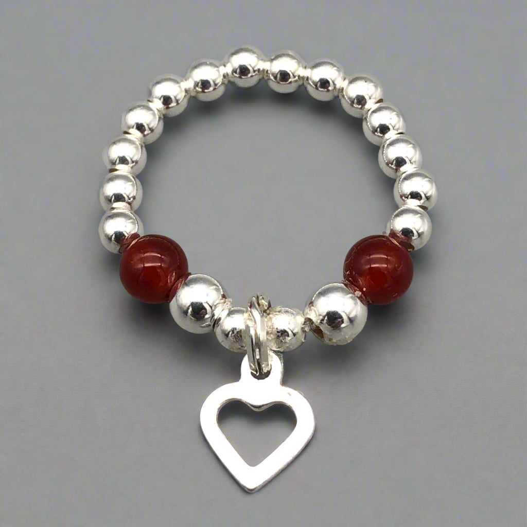 Open heart charm carnelian & sterling silver bead girl's stacking ring by My Silver Wish