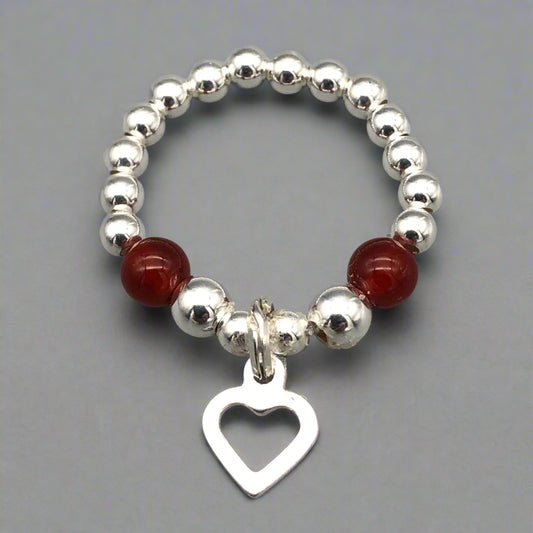 Open heart charm carnelian & sterling silver bead girl's stacking ring by My Silver Wish