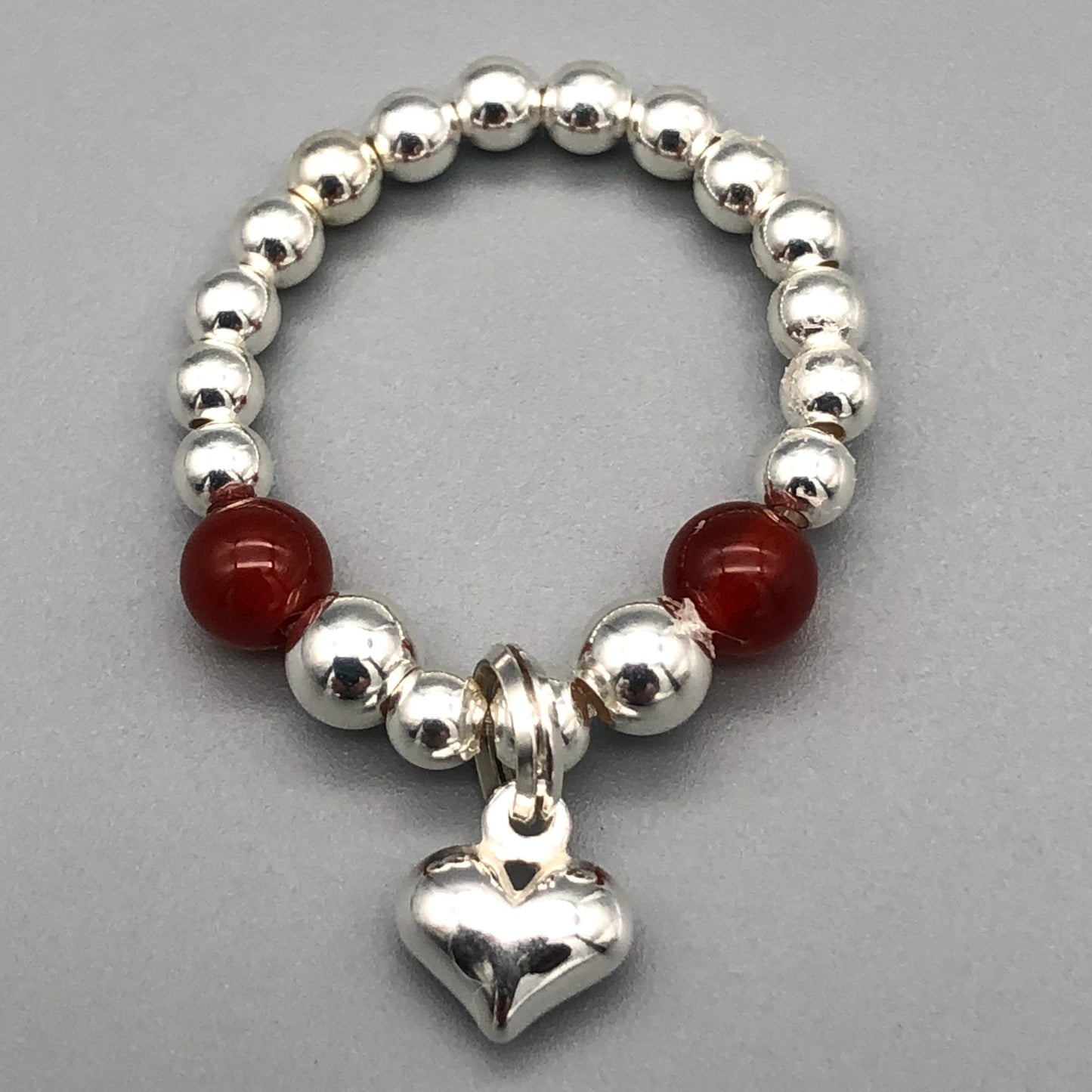 Heart charm sterling silver & carnelian bead stacking charm ring for girls and ladies by My Silver Wish