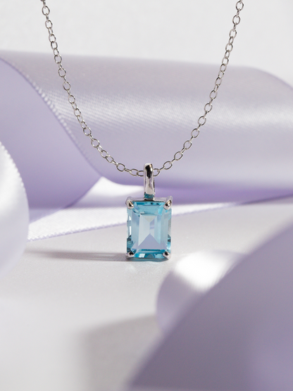 Blue Topaz Emerald Cut Pendant Necklace in Sterling Silver