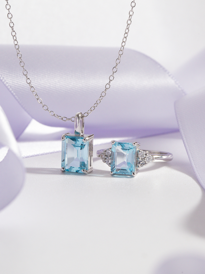Blue Topaz Emerald Cut Pendant Necklace in Sterling Silver