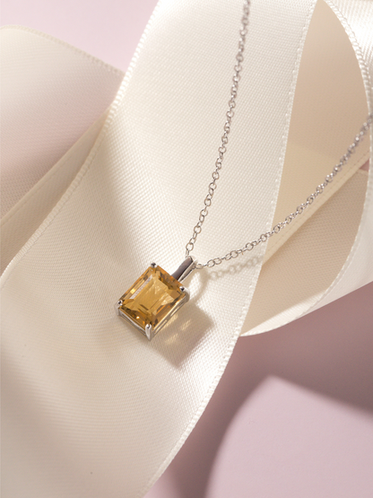 Citrine Emerald Cut Pendant Necklace in Sterling Silver
