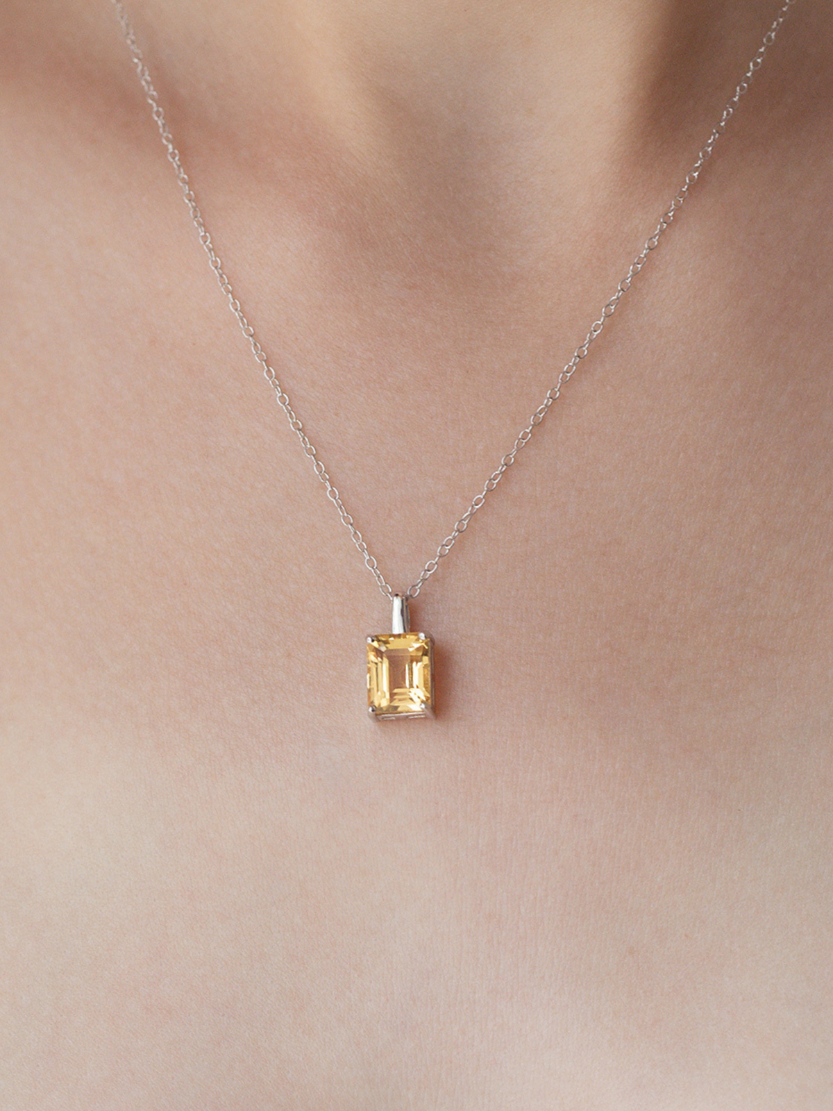 Citrine Emerald Cut Pendant Necklace in Sterling Silver