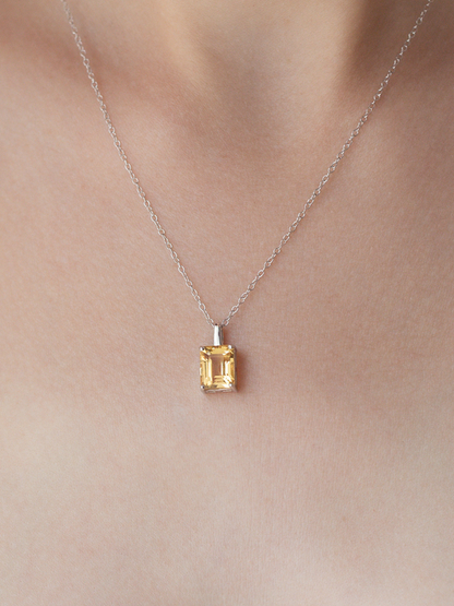 Citrine Emerald Cut Pendant Necklace in Sterling Silver
