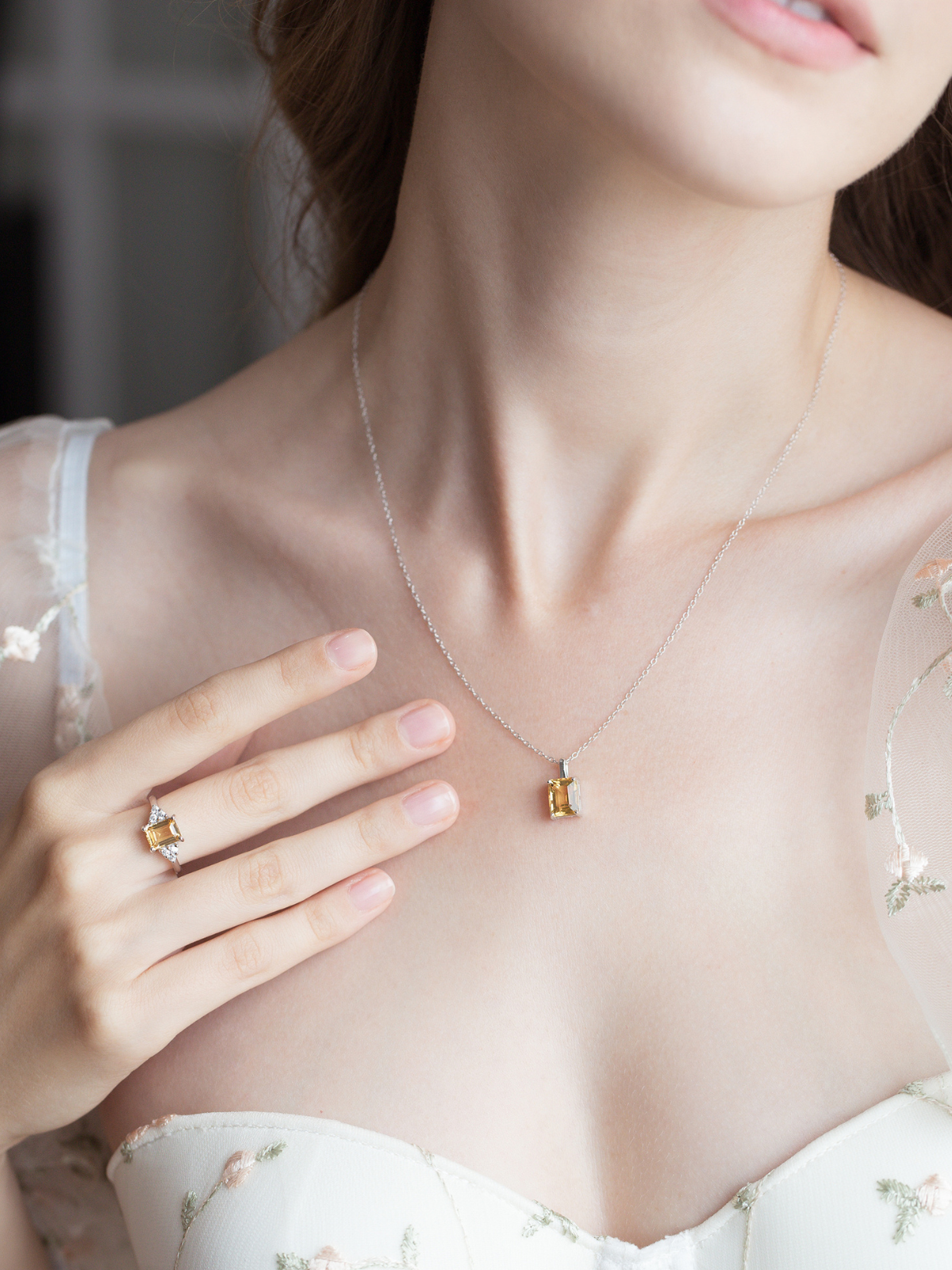 Citrine Emerald Cut Pendant Necklace in Sterling Silver