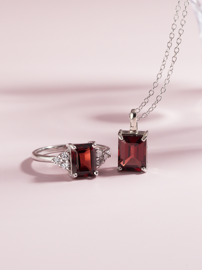 Garnet Emerald Cut Pendant Necklace in Sterling Silver
