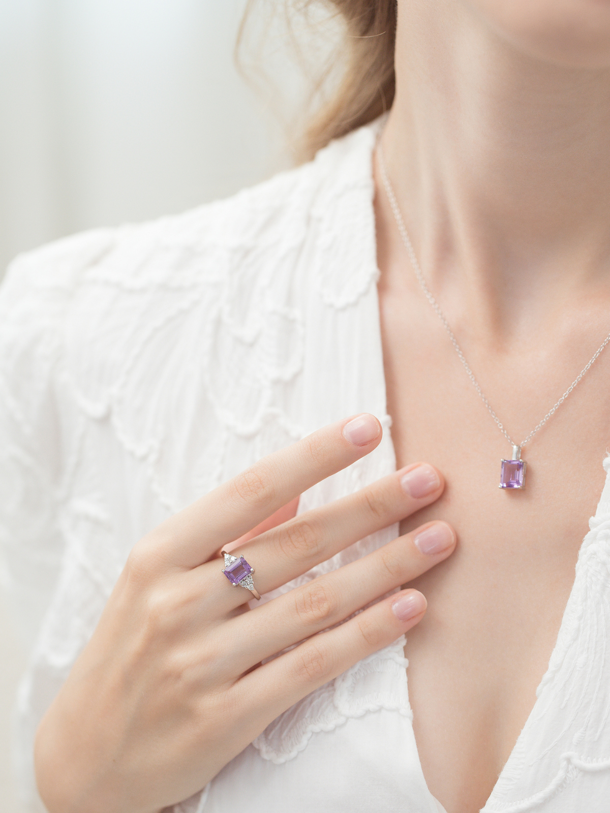 Lavender Amethyst Emerald Cut Pendant Necklace in Sterling Silver